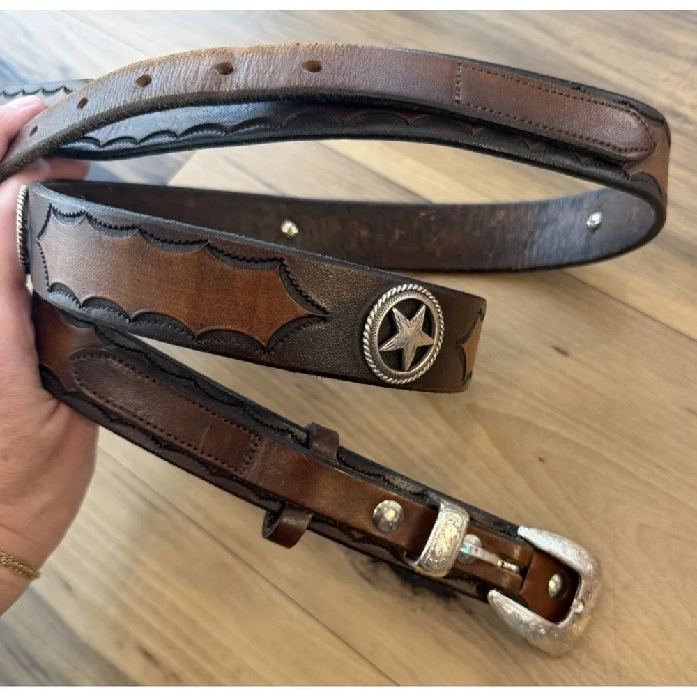 Vintage 1996 Leather Western Belt Brown Silver Tone Star Conchos Tooled 52 In